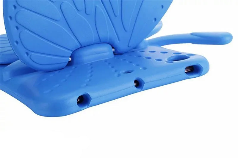 Blue butterfly iPad case with the butterfly stand folded out