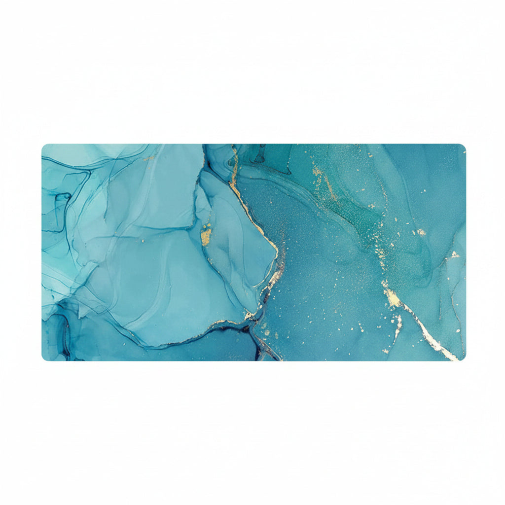 A rectangular desk mat featuring a fluid marble design in shades of teal, blue, and turquoise with metallic gold veining, displayed on a clean white background.