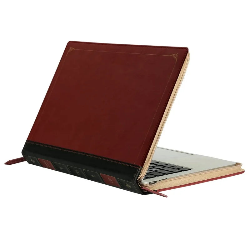 Brown leather laptop case on a white background