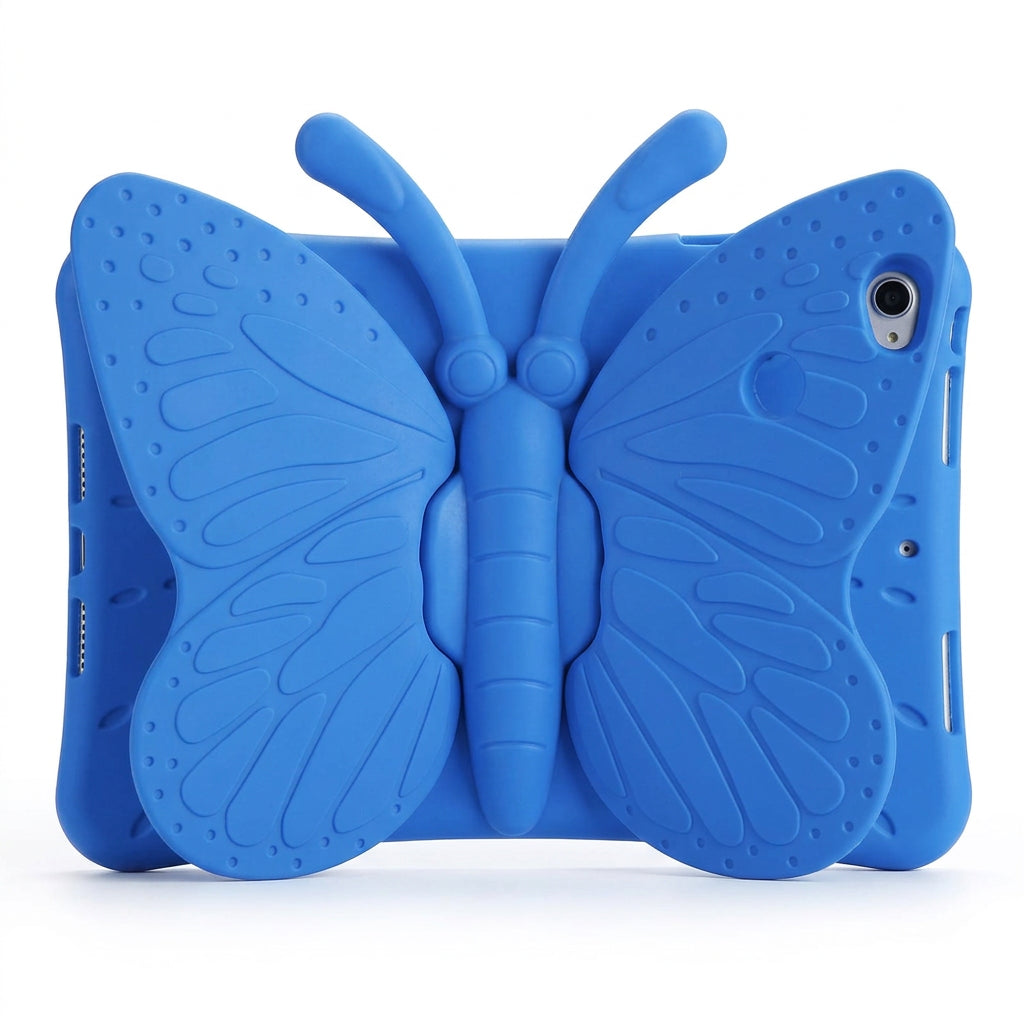 Blue butterfly-shaped object on a white background