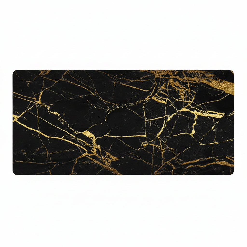 A rectangular desk mat with a black marble pattern and metallic gold veins, shown on a white background