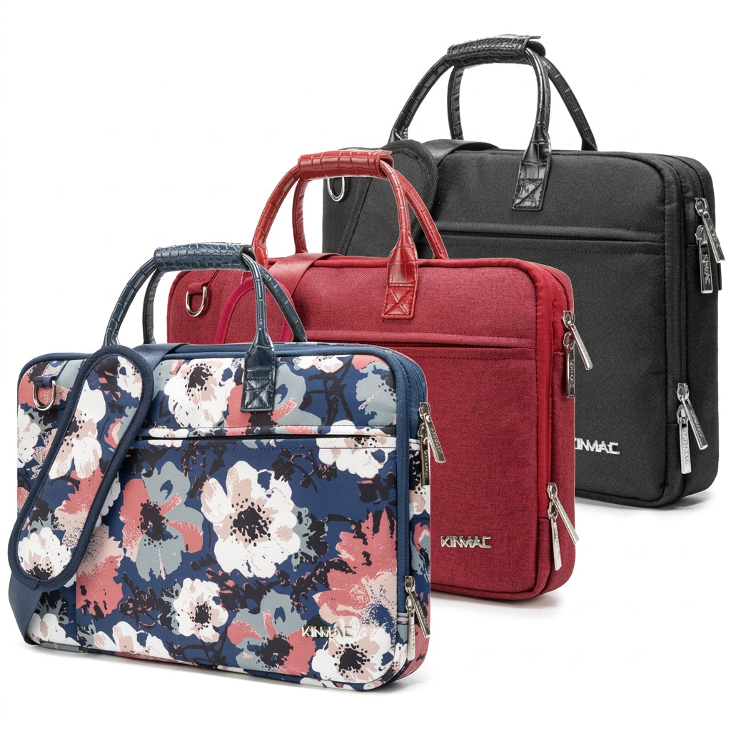 Kinmac laptop messenger bags in red, black and Camellia floral print, showing the available colour options.
