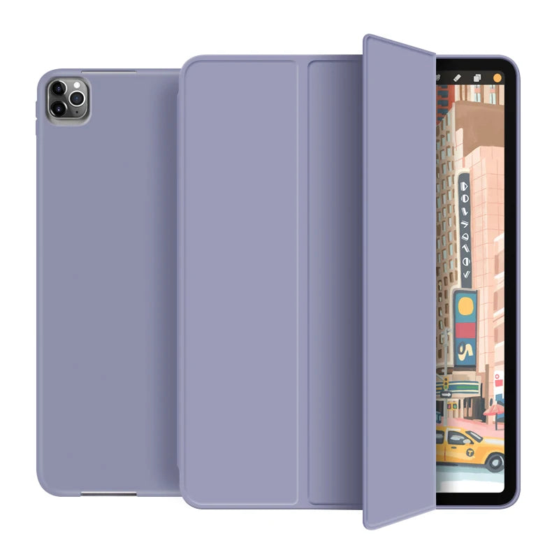 EGYAL folding iPad case in muted purple with transparent rear panel and tri-fold front cover
