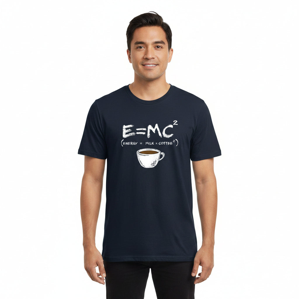 Energy equals milk and coffee men's graphic T-shirt in dark blue