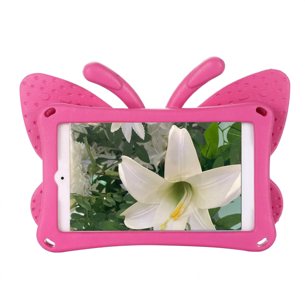Pink butterfly-shaped tablet case on a white surface