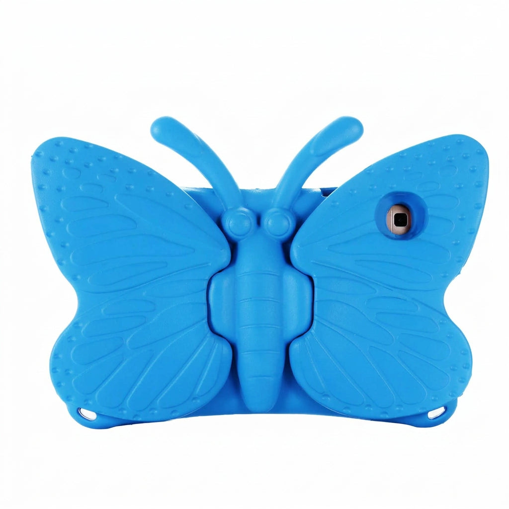 Blue butterfly-shaped ipad case on a white background