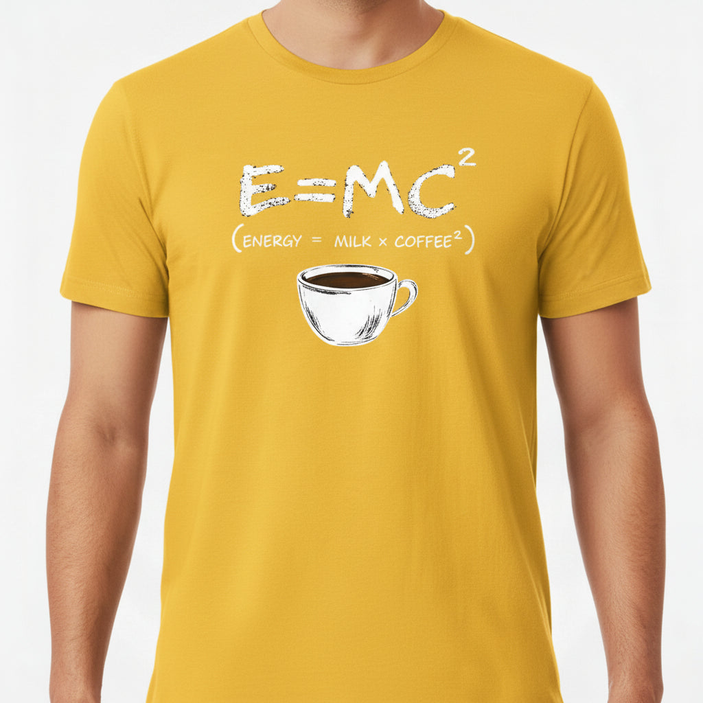 Energy equals milk and coffee men's graphic T-shirt in yellow