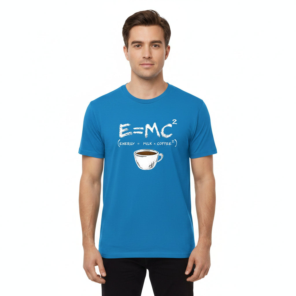 Energy equals milk and coffee men's graphic T-shirt in blue
