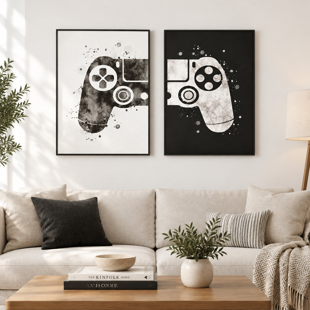 Abstract gaming controller canvas wall art in black and white
