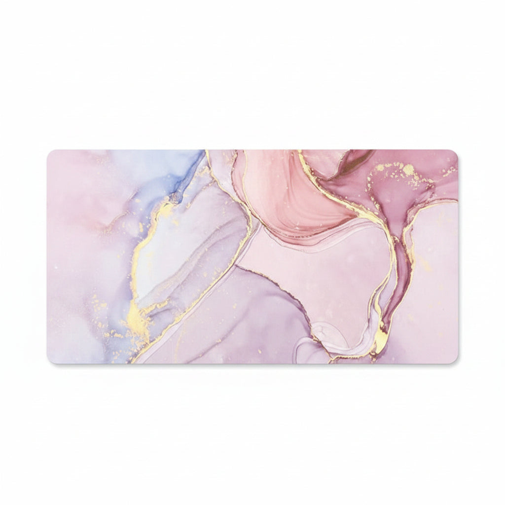A rectangular desk mat with rounded corners featuring a pastel marble design in pink, lavender, and light blue with metallic gold veins, shown on a plain white background.