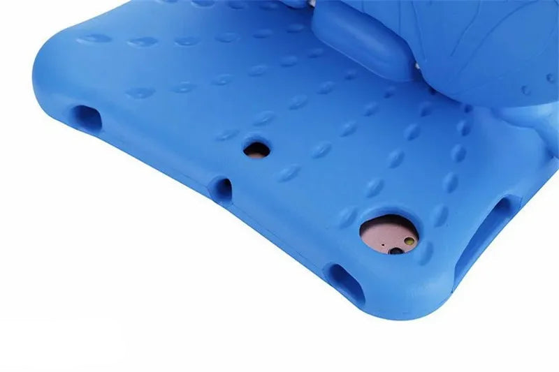 Blue 3D butterfly kids iPad case showing the camera cut-out