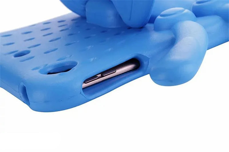 Blue butterfly shockproof iPad case showing the charging port cut-out