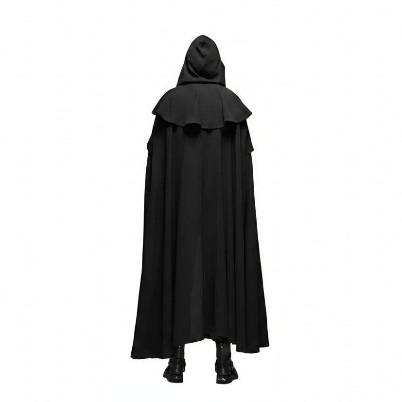 Rear view of a black hooded cape on plain white background