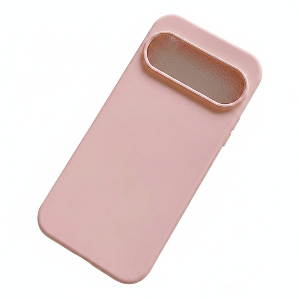A light pink phone case with a raised, rounded rectangular camera cutout, shown on a plain white background.