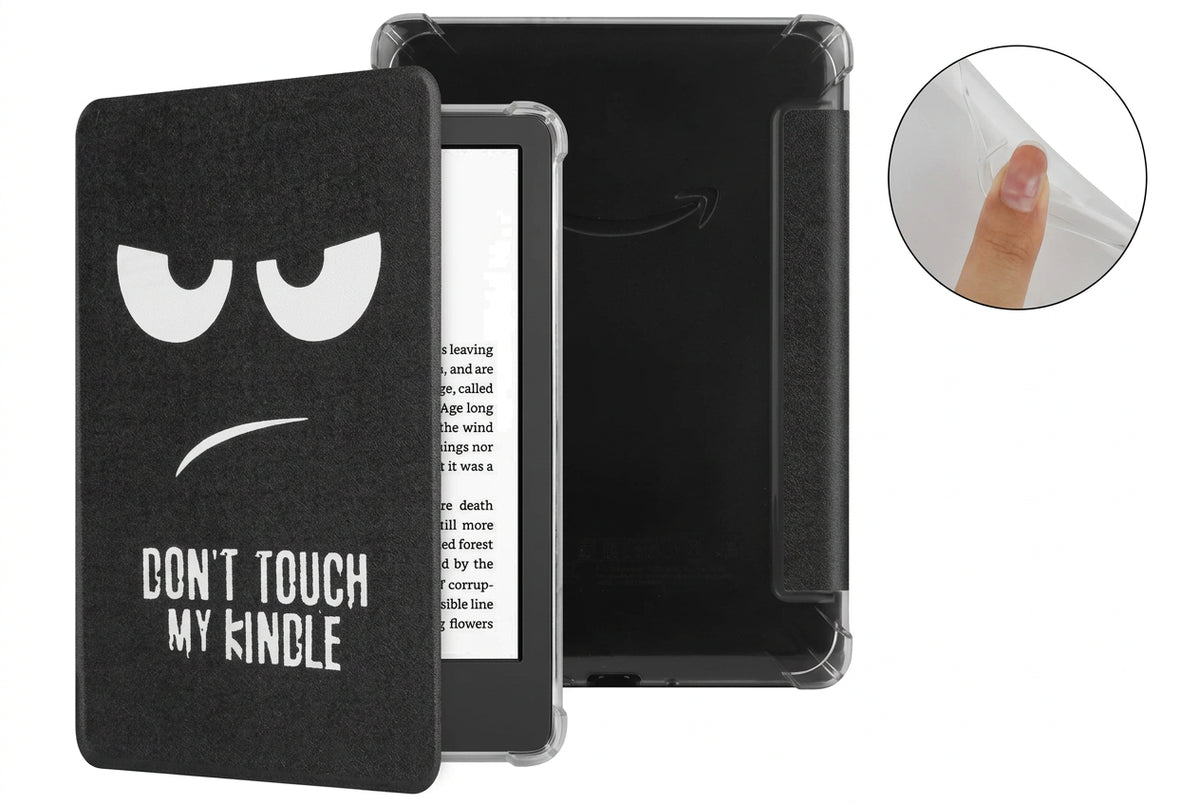Black Kindle folio case featuring a grumpy face with "DON'T TOUCH MY KINDLE"