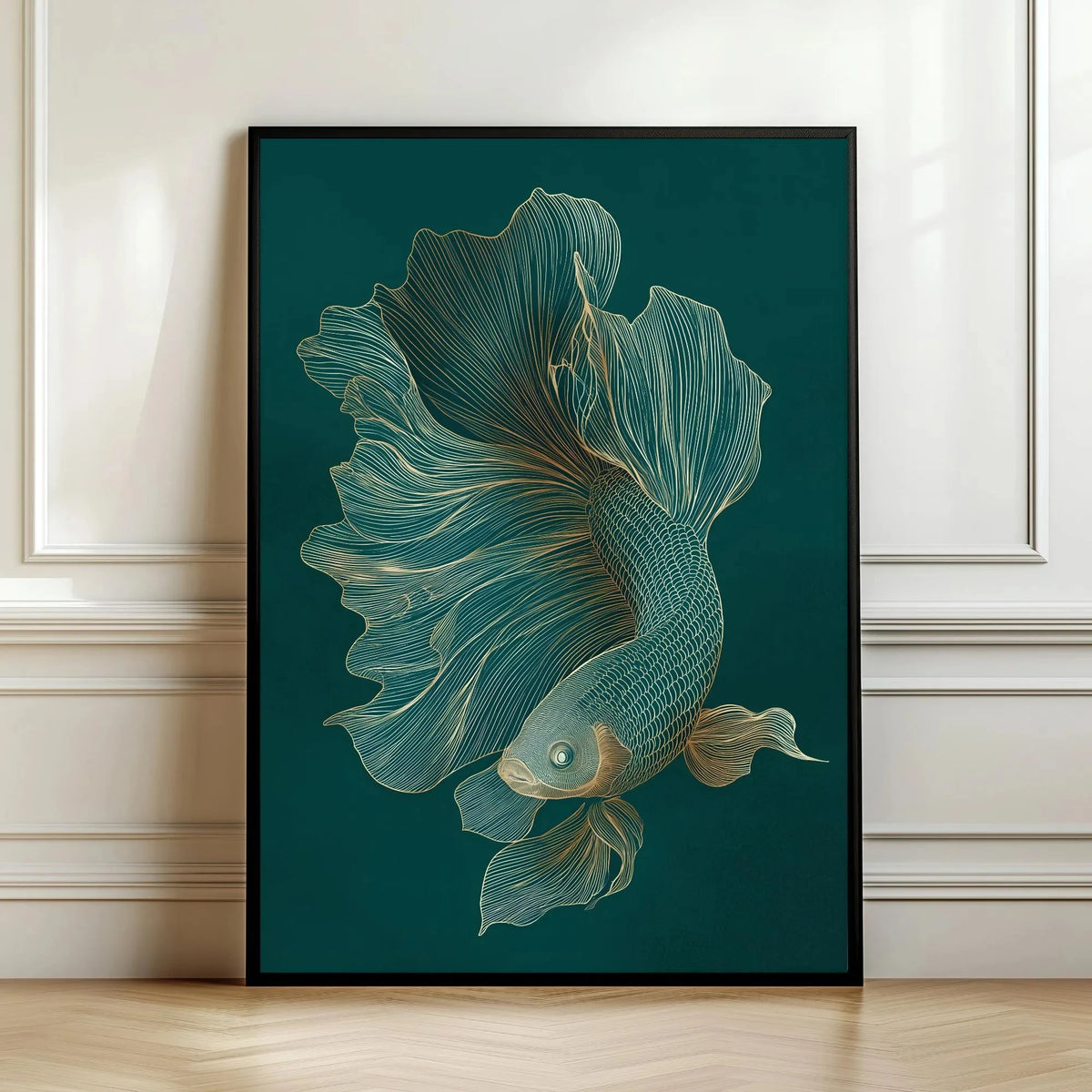 Framed artwork of a koi fish on a teal background