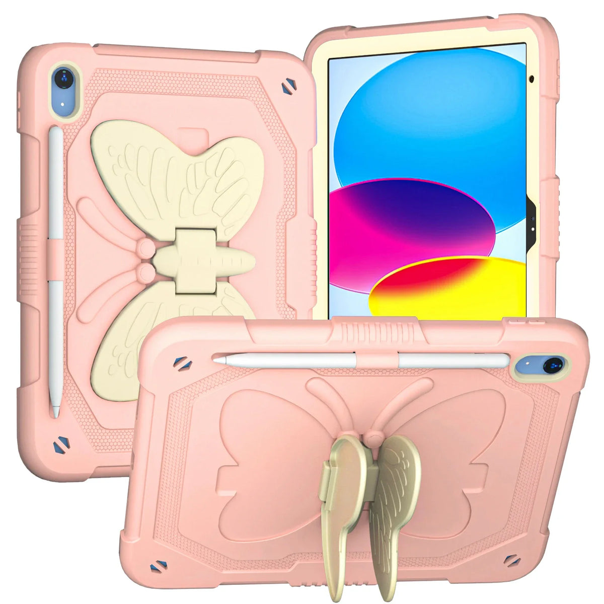 Pink butterfly iPad case with raised wings and folding stand
