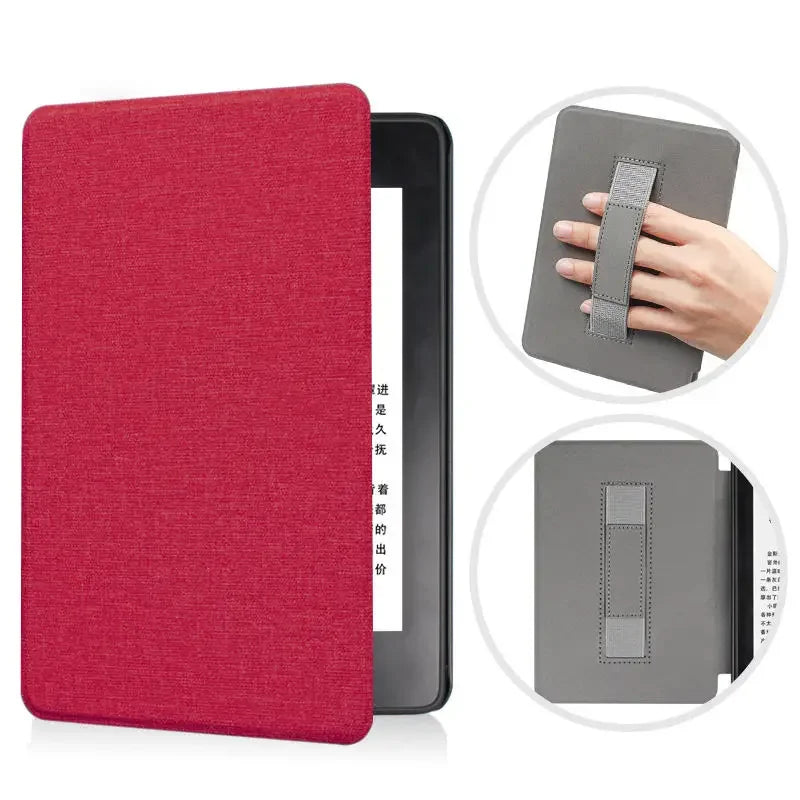 Red fabric Kindle case for a device with close-up of gray case with strap.
