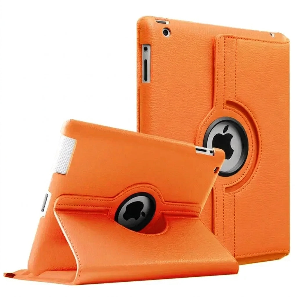 Orange 360-degree rotating faux leather iPad case with folding stand