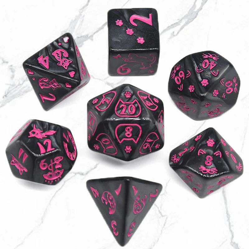 Black and Pink Cat 7pc Dice Set