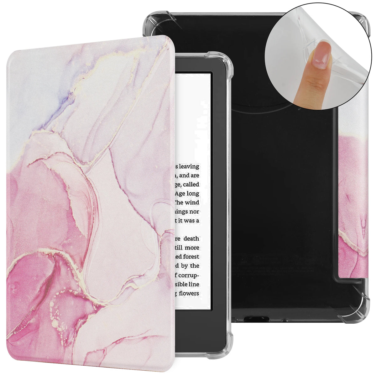 Pastel Pink Marble Kindle e-reader case with auto wake and sleep function