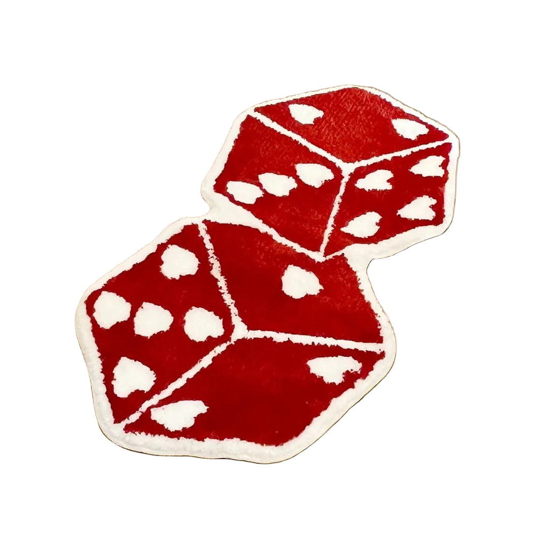 Red and white double-dice rug shown from an angled view