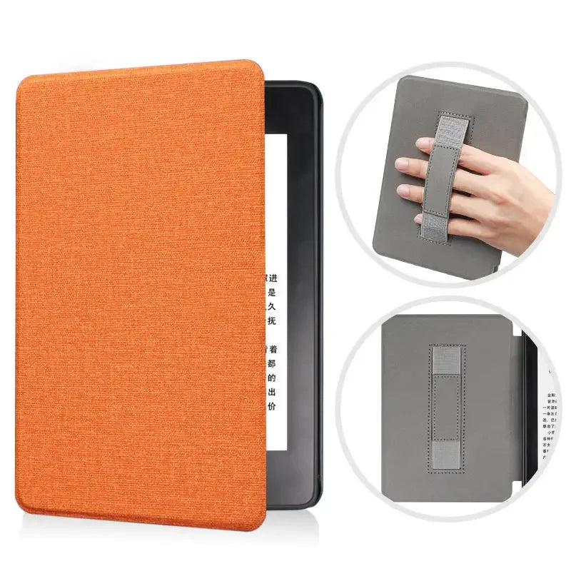 Orange fabric-covered Kindle device with close-up of gray strap and hand holding it.