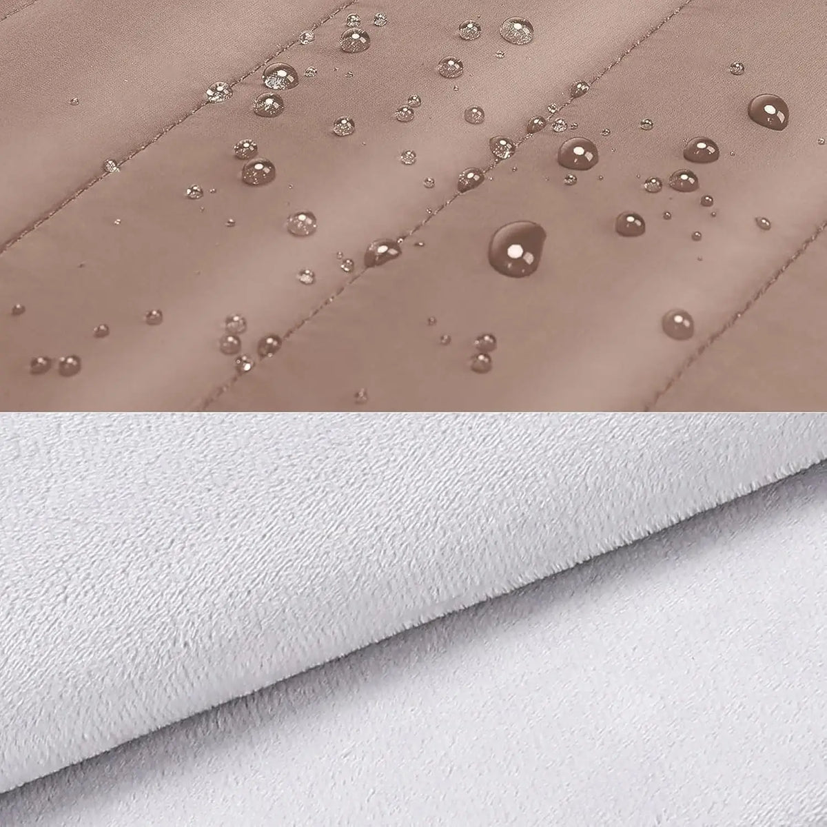 Water droplets beading on the puffy laptop sleeve's water-resistant fabric