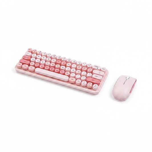 Pink and white keyboard with a mouse on a white surface