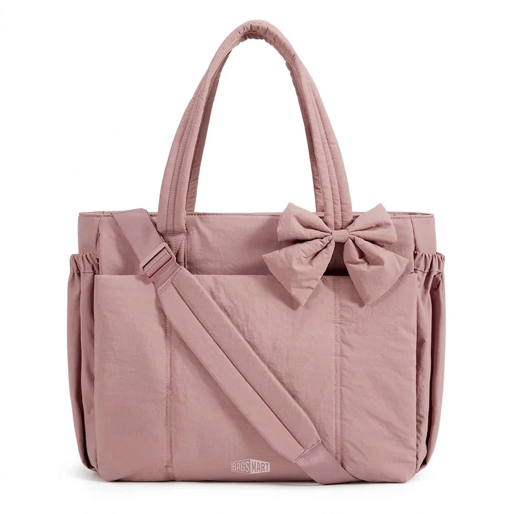 BAGSMART rose pink tote bag with bow detail and padded handles