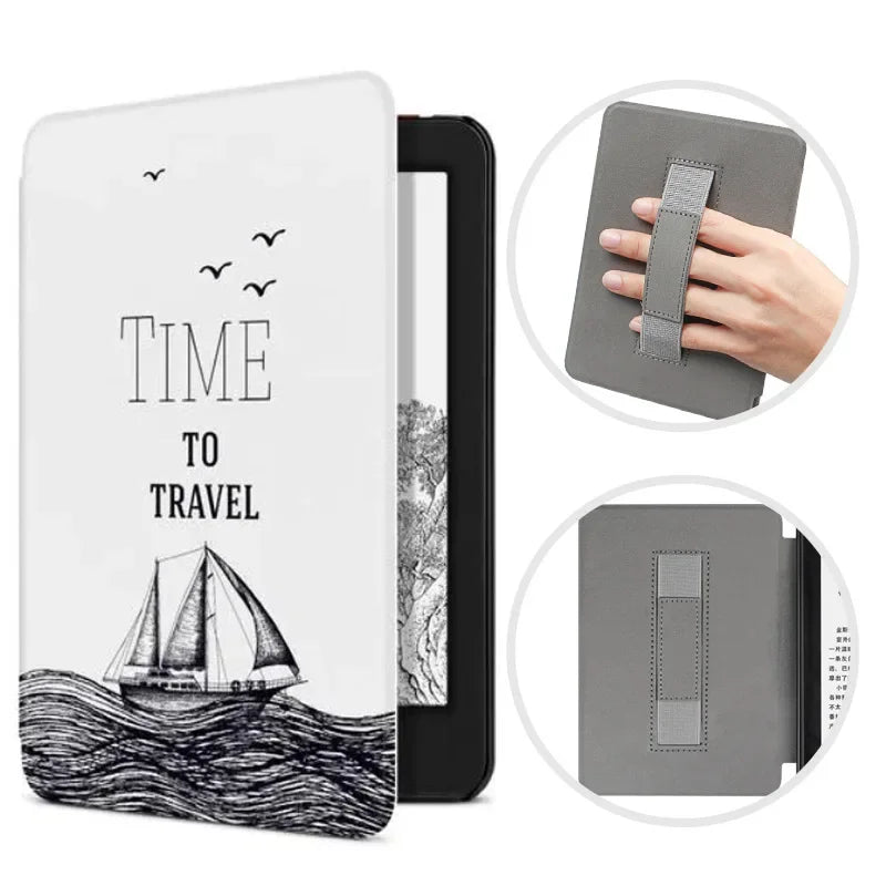 Kindle cover with sailboat design and 'Time to Travel' text, shown with a hand holding the cover.