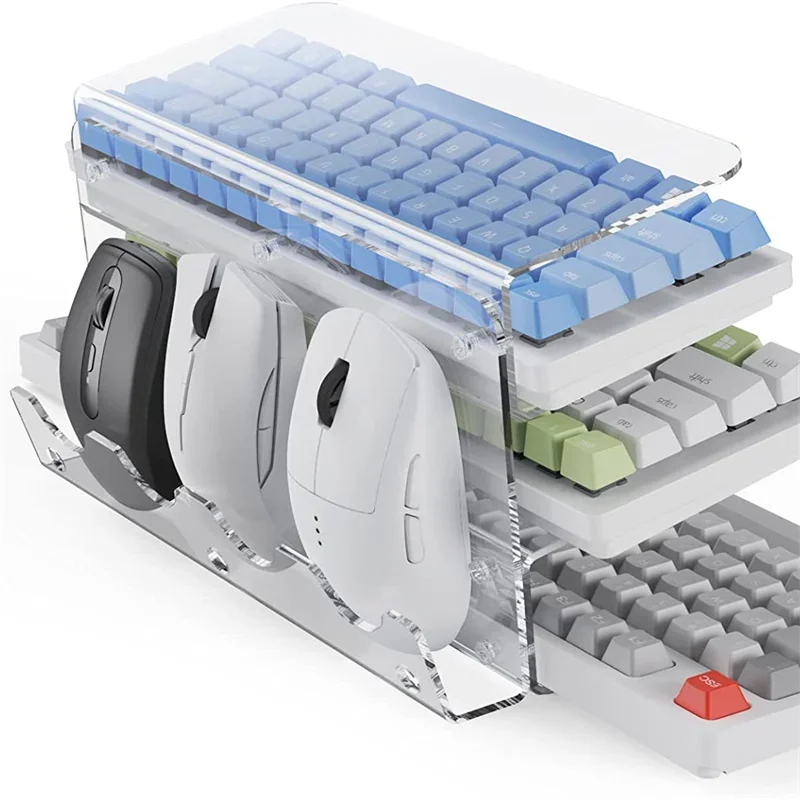 Keyboard and mouse organizer with transparent tray holding multiple keyboards and mice.