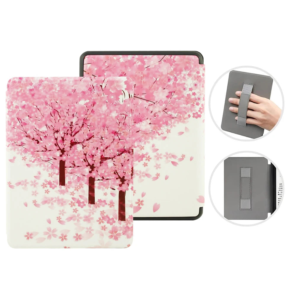 Pink cherry blossom design Kindle case with additional views on a white background
