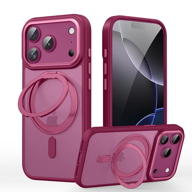 Burgundy magnetic iPhone case with 360° rotating ring kickstand