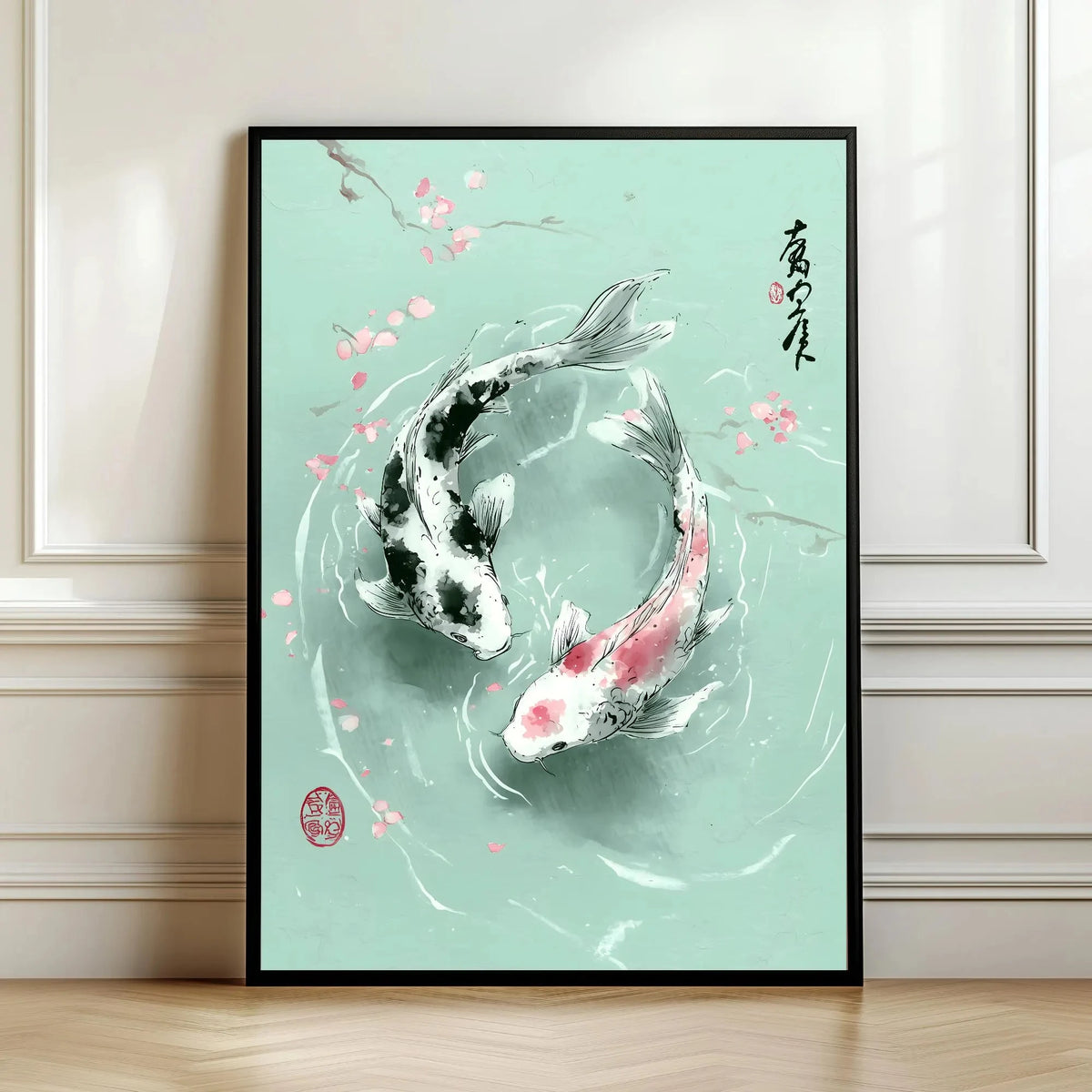 Framed artwork of two koi fish on a light green background with cherry blossoms, displayed on a wall.