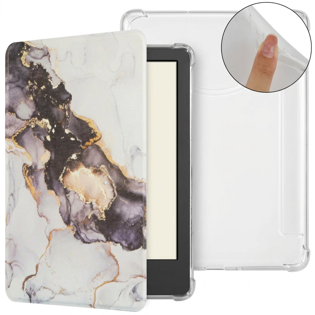 Kindle folio case with a cream and gold marble-inspired pattern.