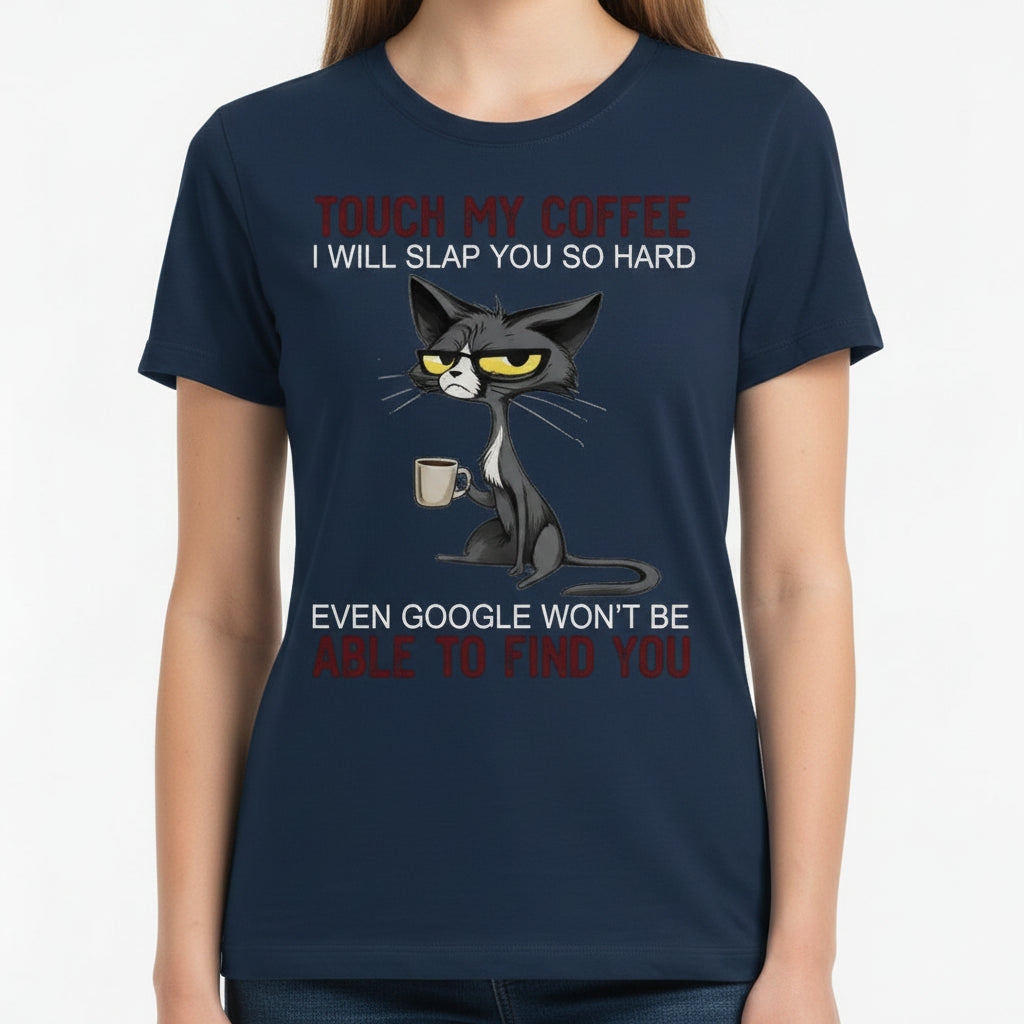 Touch My Coffee women's graphic T-shirt in navy blue