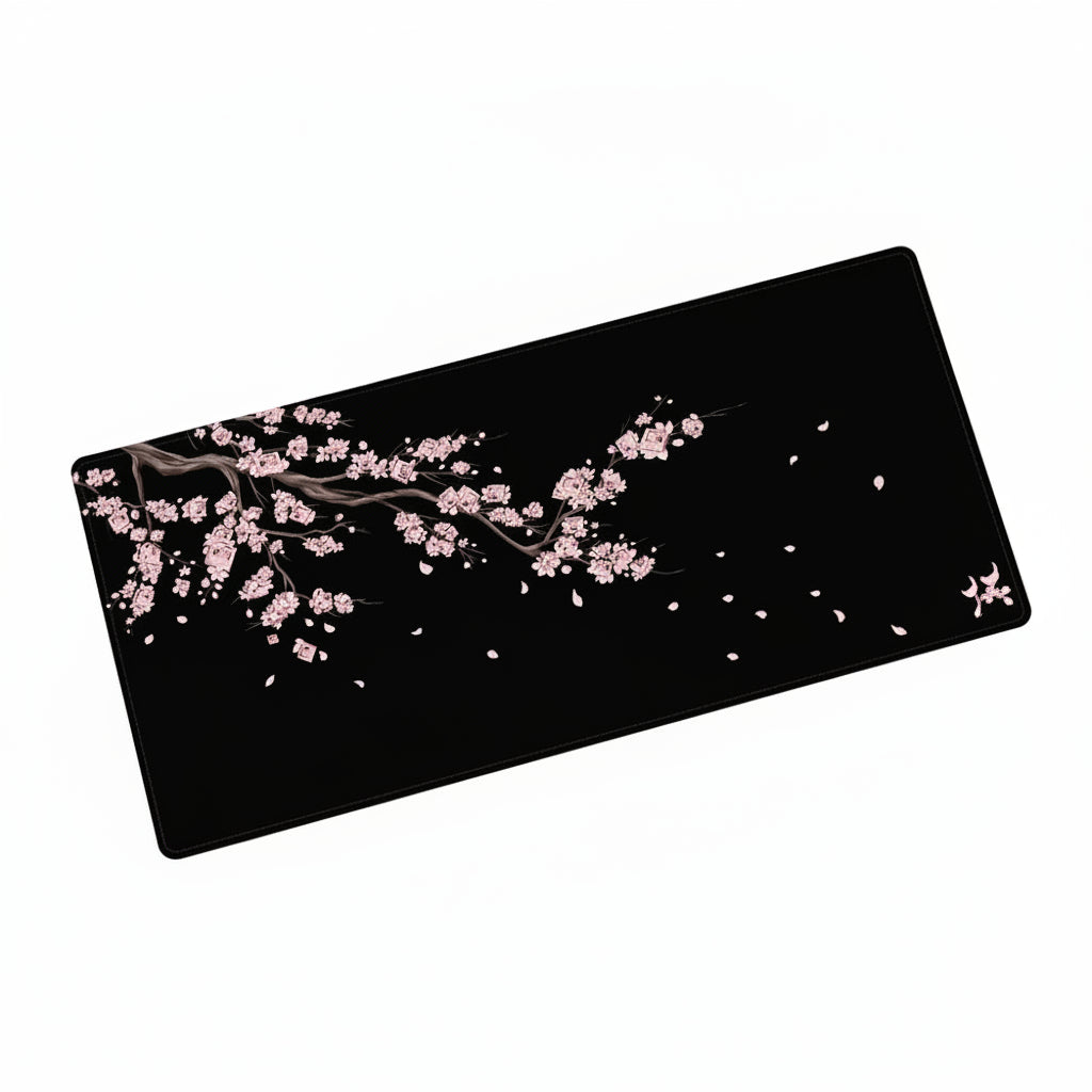 Sakura cherry blossom gaming desk mat with pink flowers on a dark background