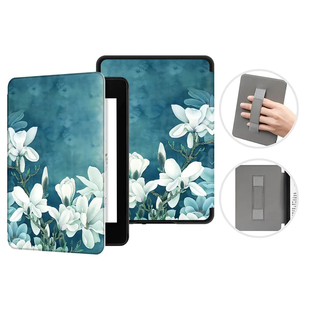 Floral design Kindle case with additional images of the case and strap.