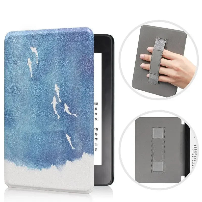 Blue and white whale design case for a Kindle device, with close-up details of gray strap and back design.