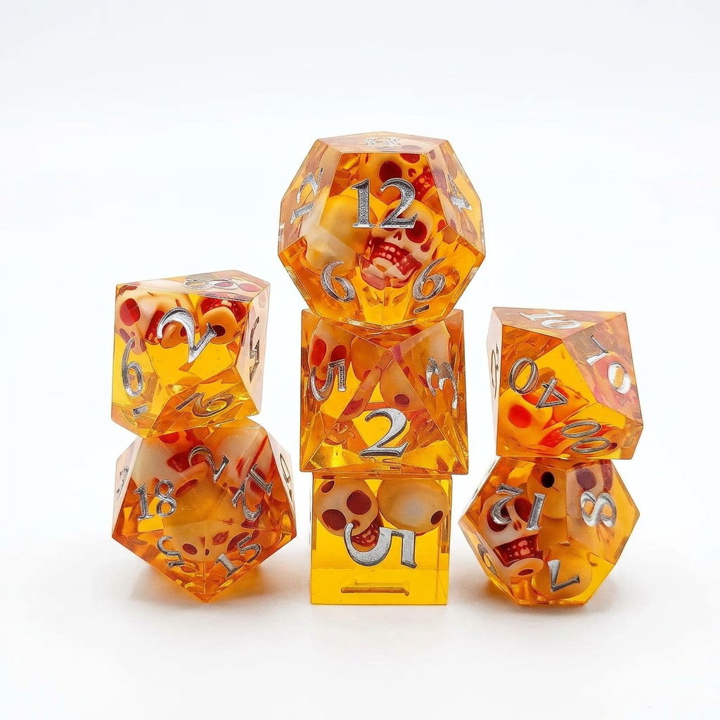 Seven translucent orange resin polyhedral dice with embedded skull details and numbered faces
