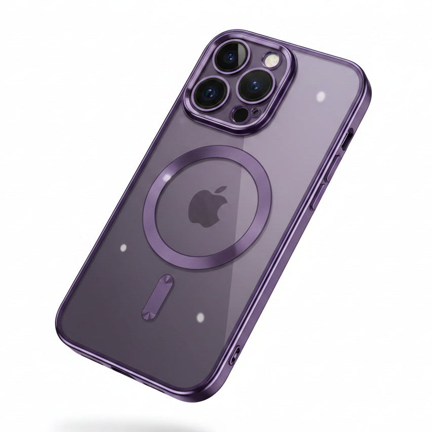 A purple MagSafe-compatible phone case shown on a smartphone, floating against a clean white background.