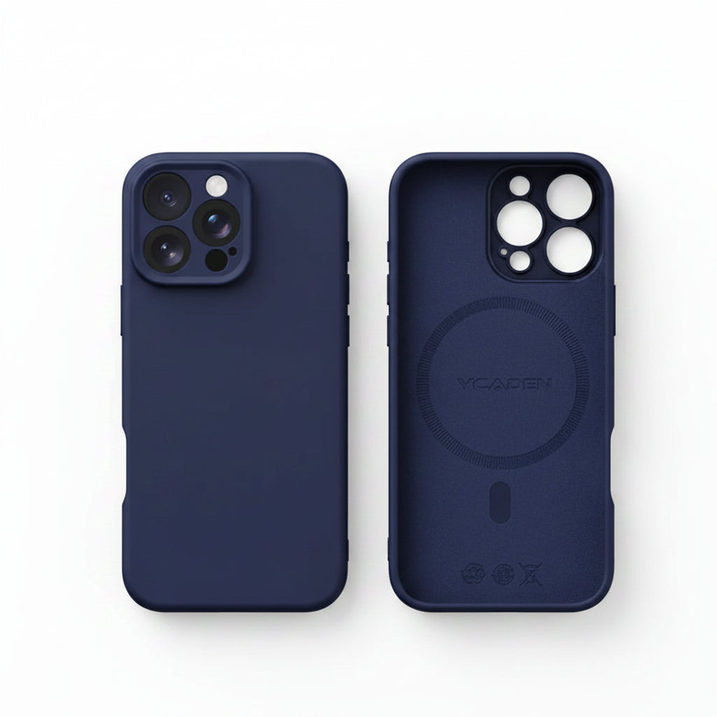 Navy blue liquid silicone iPhone case showing front and rear