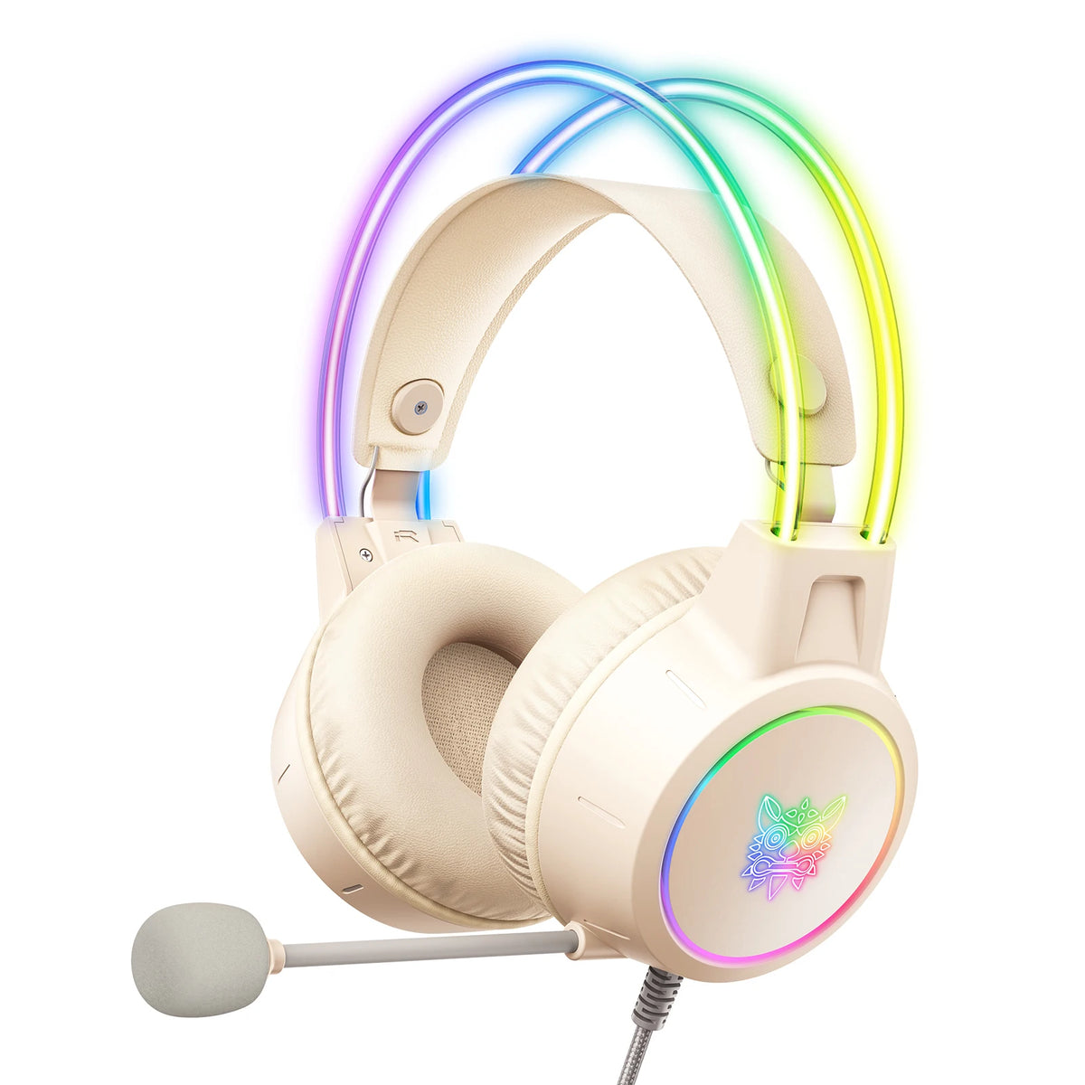 White ONIKUMA X15 Pro gaming headset with pastel RGB lighting and boom microphone