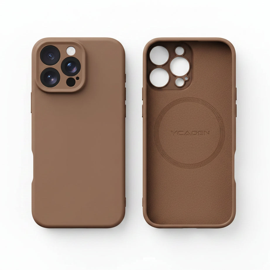 Brown liquid silicone iPhone case showing front and rear