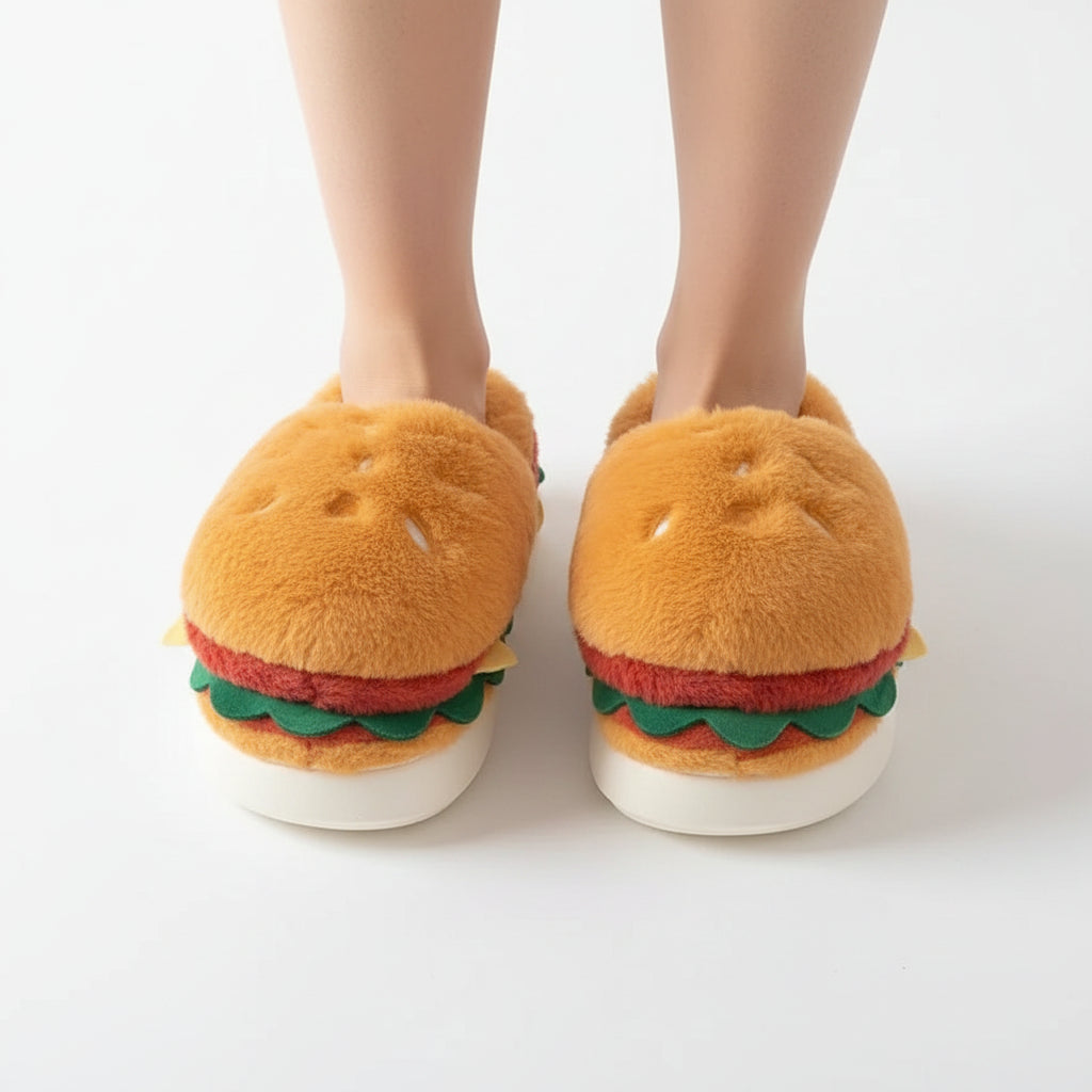 Hamburger-shaped slippers on a white surface with a bowl and toy in the background.