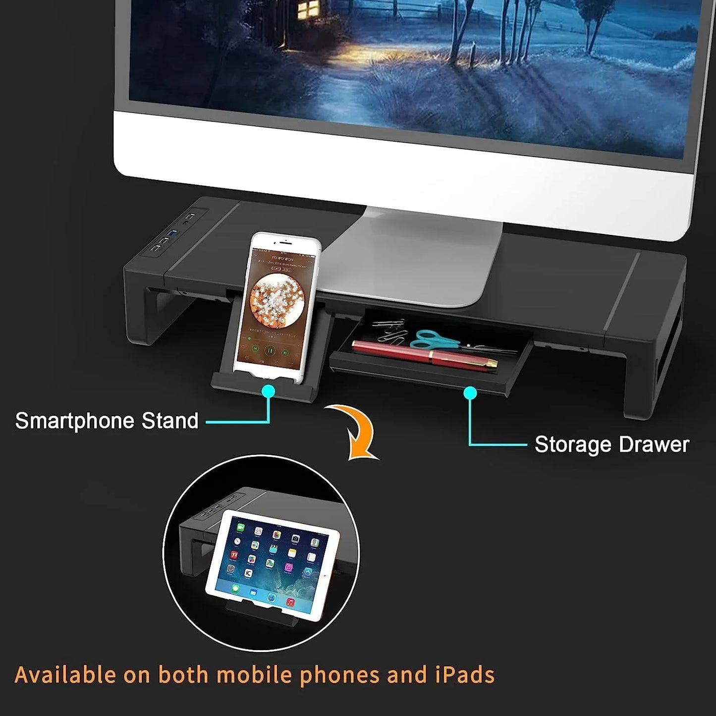 Adjustable Monitor Stand Riser with Charging Ports