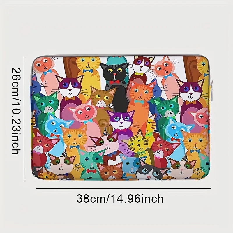 Colorful laptop sleeve with cat pattern and measurements on a white background