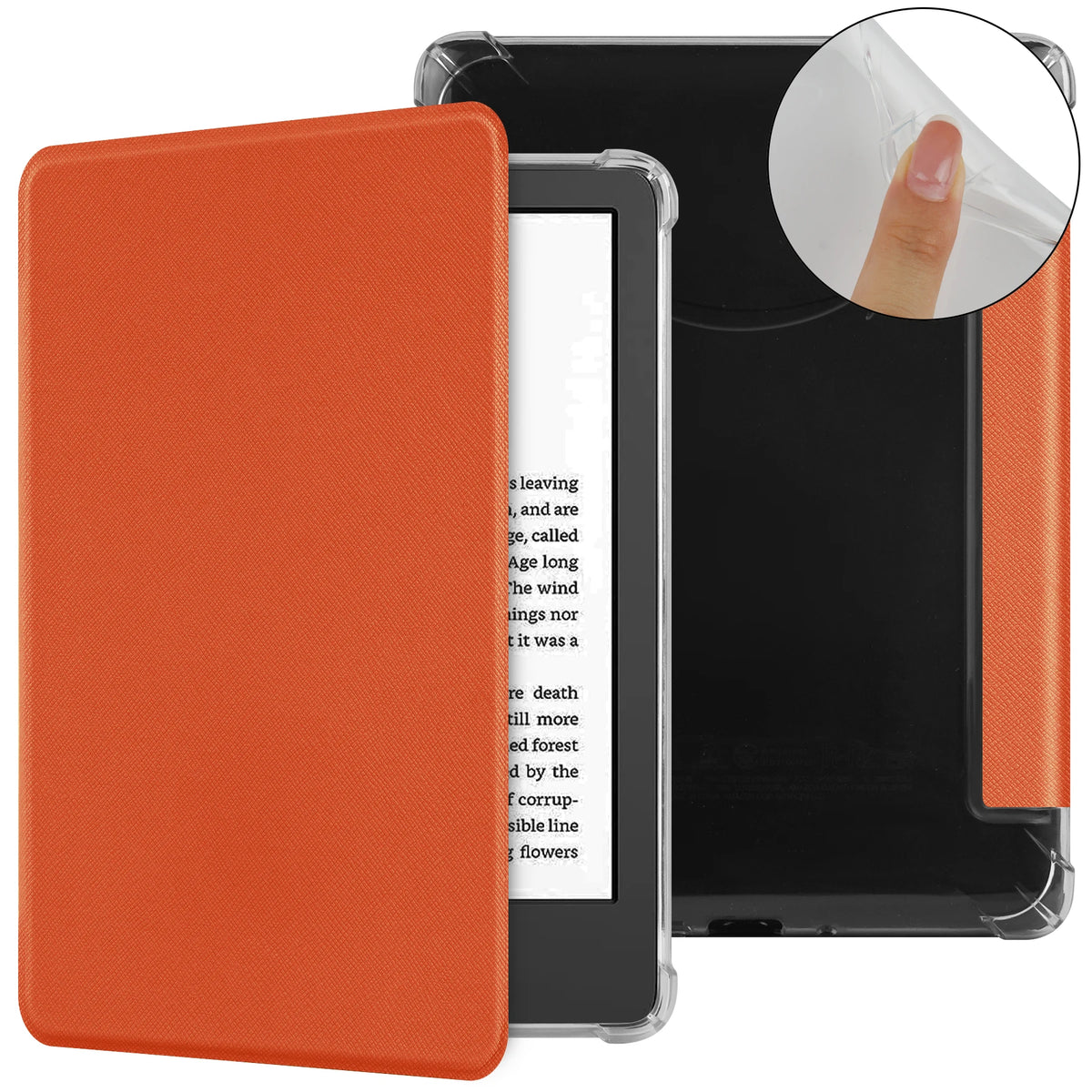 Orange Kindle e-reader case with auto wake and sleep function