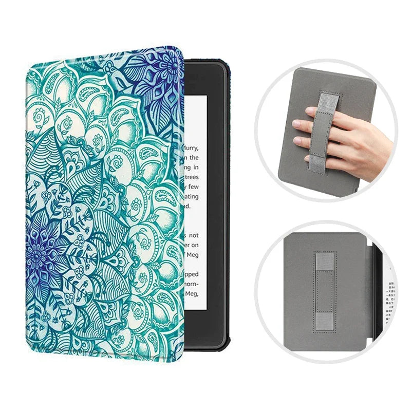 Patterned e-reader cover with a hand holding it, on a white background